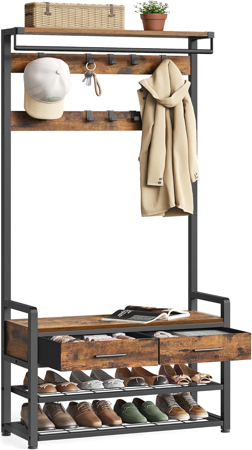 VASAGLE Garderobenständer mit Schuhbank, Garderobe, Schuhaufbewahrung, 2 Schubladen aus Stoff, 10 Haken, 6 seitliche Haken, 30 x 80,4 x 181,6 cm, vintagebraun-tintenschwarz HSR429B01