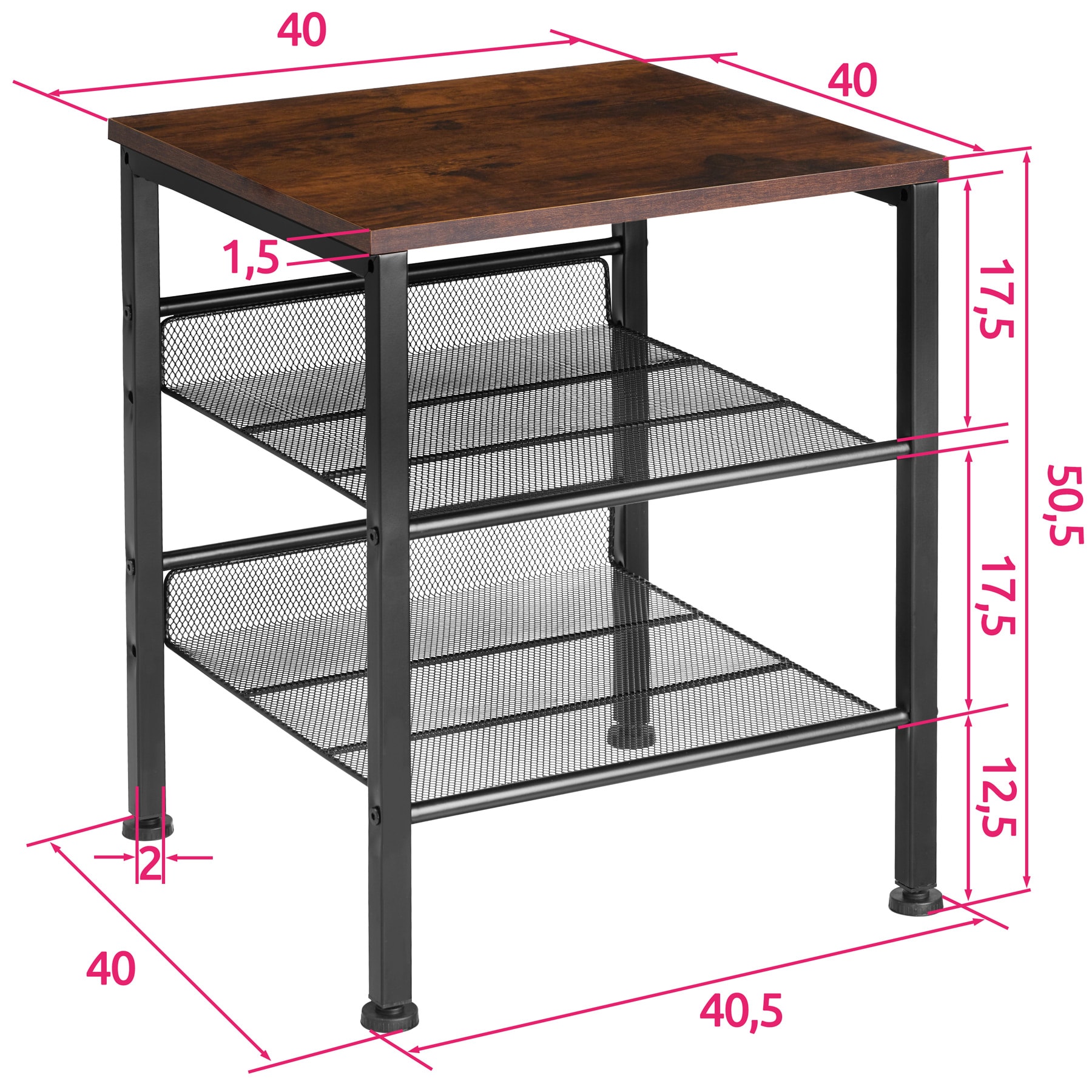 tectake® Beistelltisch, Industrial Style, mit Ablage und 2 Gitterablagen, 40,5 x 40 x 50,5 cm