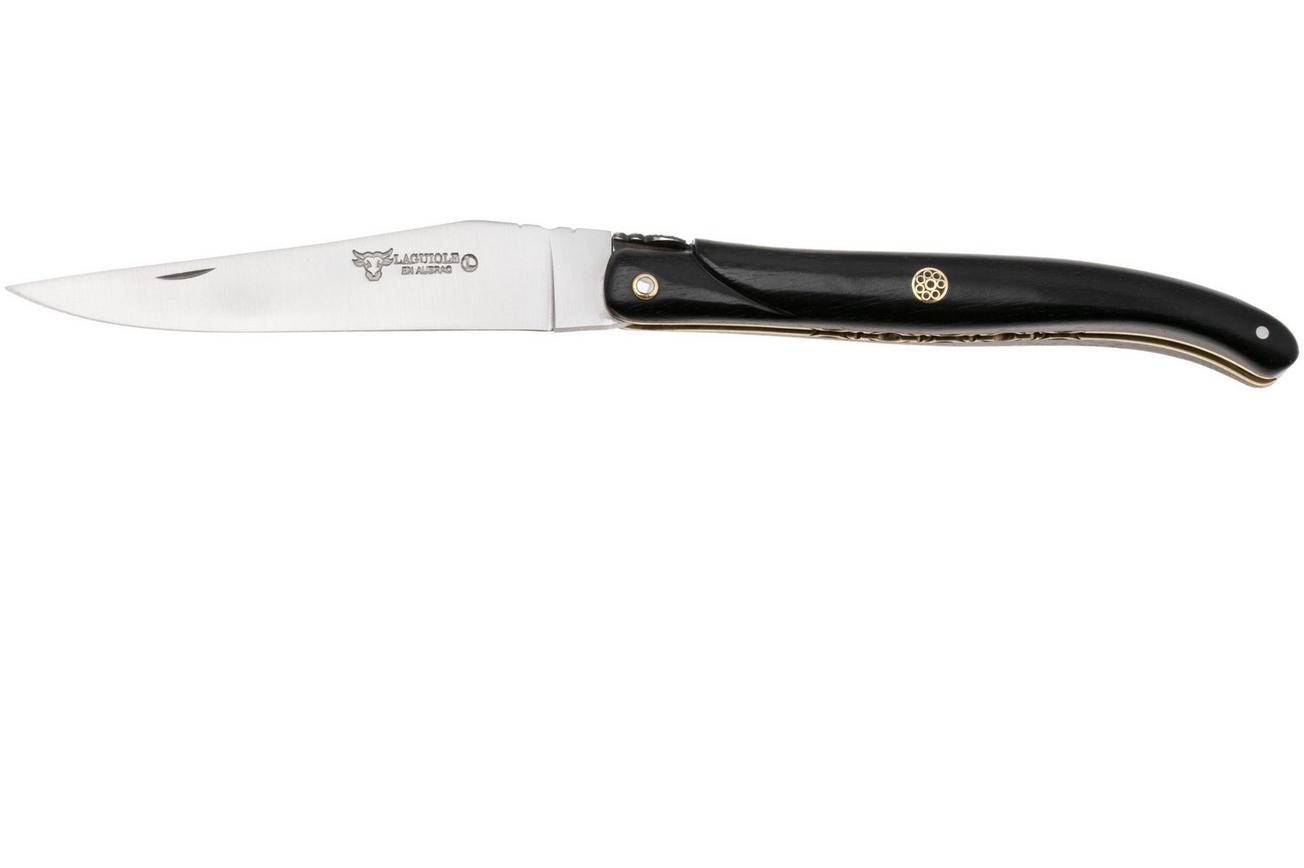 Laguiole en Aubrac Ebony, Black Mosaic Pin, Brass Liner, zakmes, 12 cm