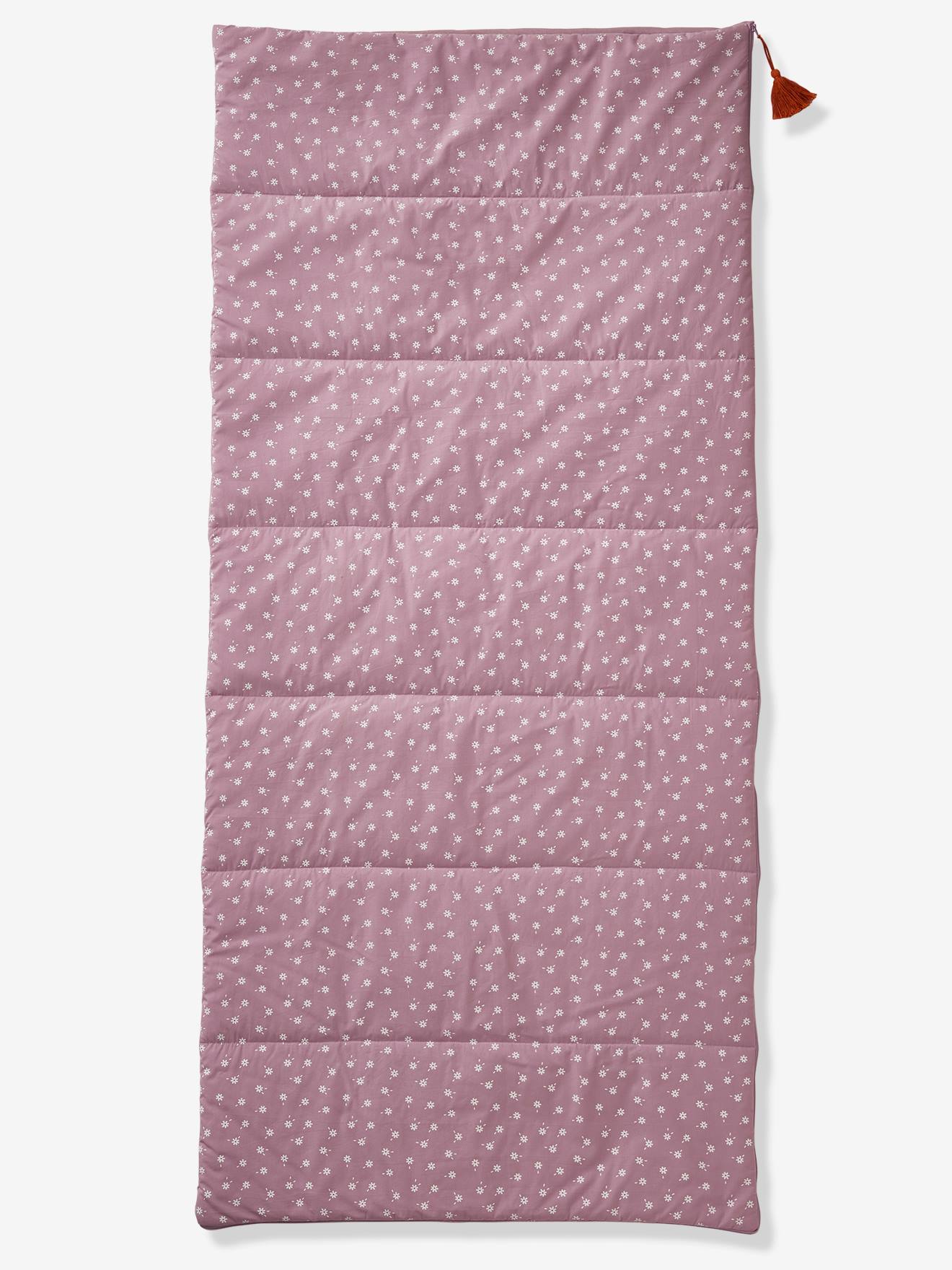 Saco de dormir personalizável, tamanho médio com estampa de margaridas roxas.
