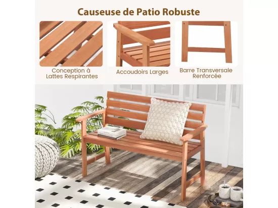 Banc de Jardin en Bois Massif, Banc d'Extérieur à 2 Places avec Accoudoirs, Siège à Lattes pour Parc, Porche, Cour, Charge 180 KG, 120,5 x 64 x 84 CM (L x l x H), Naturel