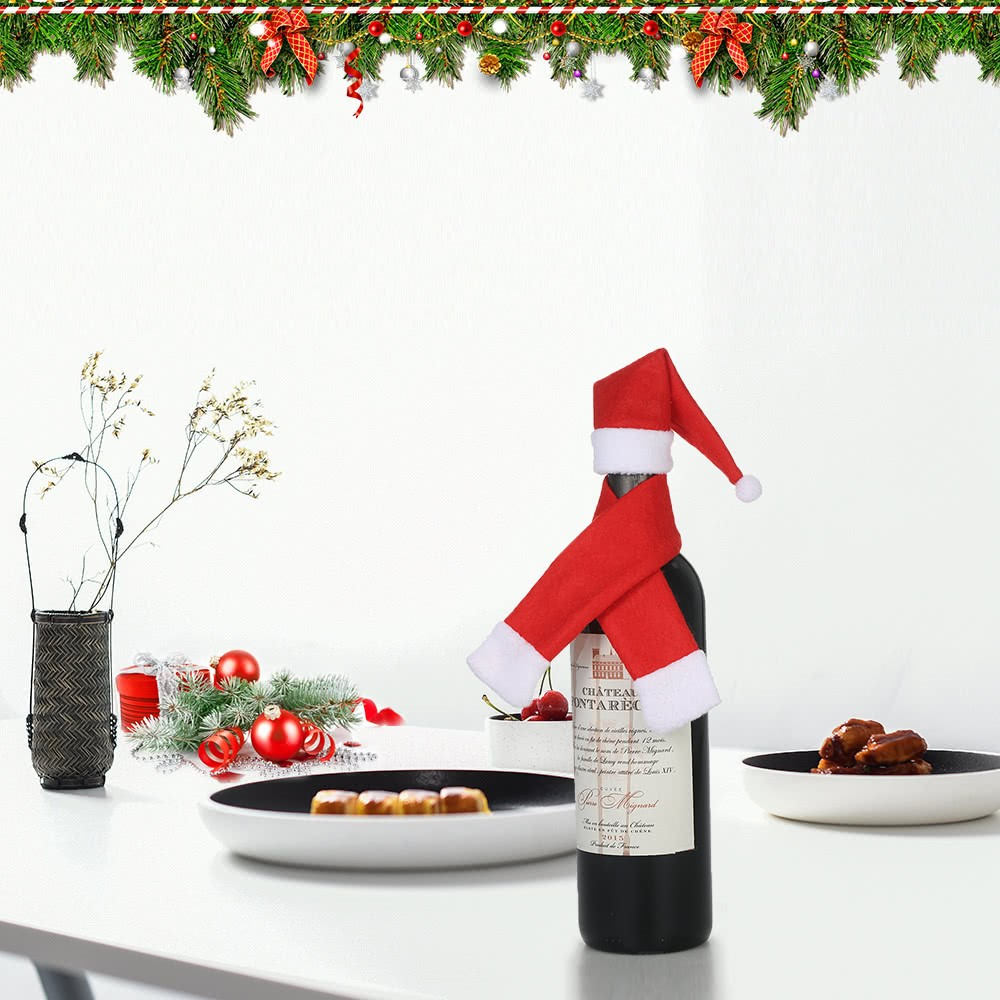 (2-tlg. Set) Weinflaschenanzug Sektflaschen Deko Überzug Weihnachtskostüm - Nikolaus Mütze / Schal