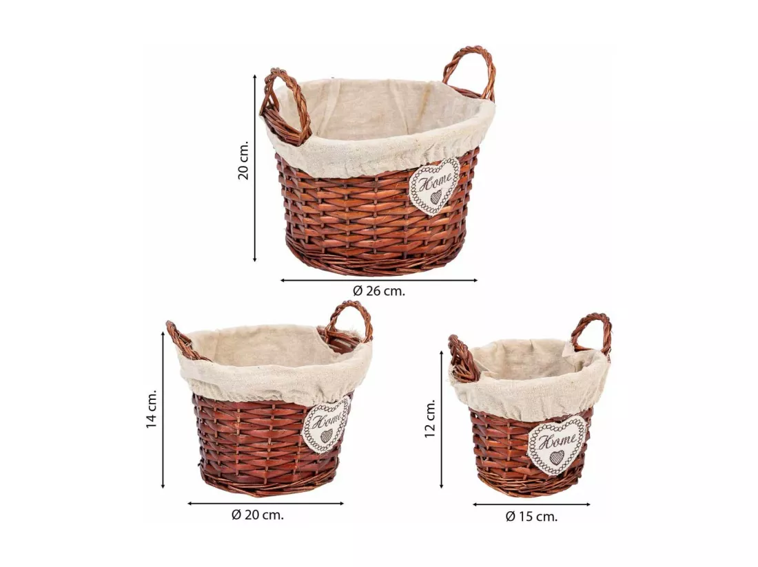 Ensemble de 3 paniers en osier doublés marron