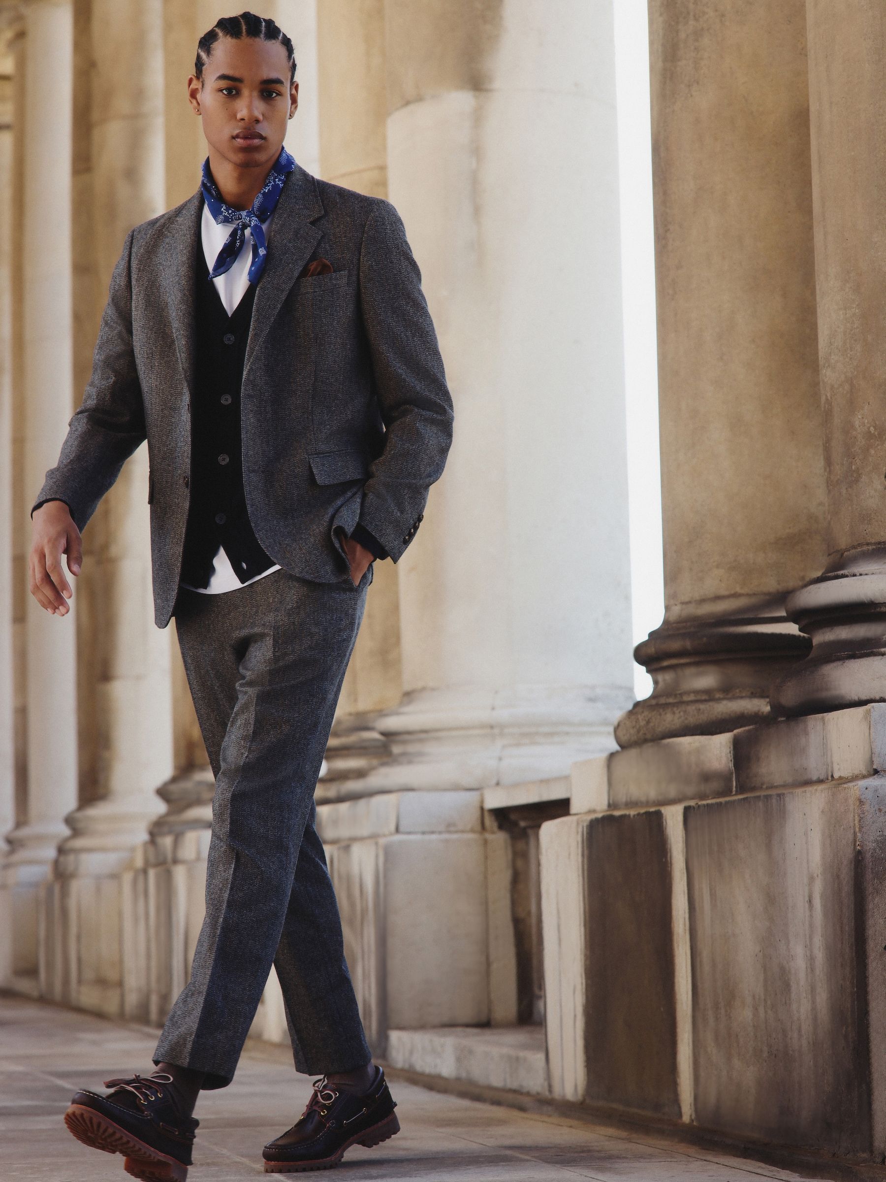Grijs - Slim Fit Wool Blend Herringbone Stripe Suit Jacket