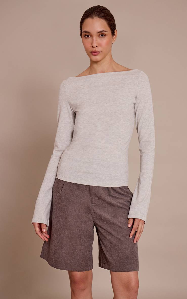 Gris Chiné Haut Asymétrique Froncé À Manches Longues En Coton Doux