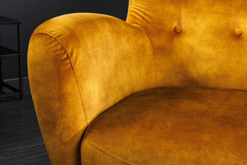 Retro Design Sessel DON senfgelb Samt Federkern silberne Fußkappen