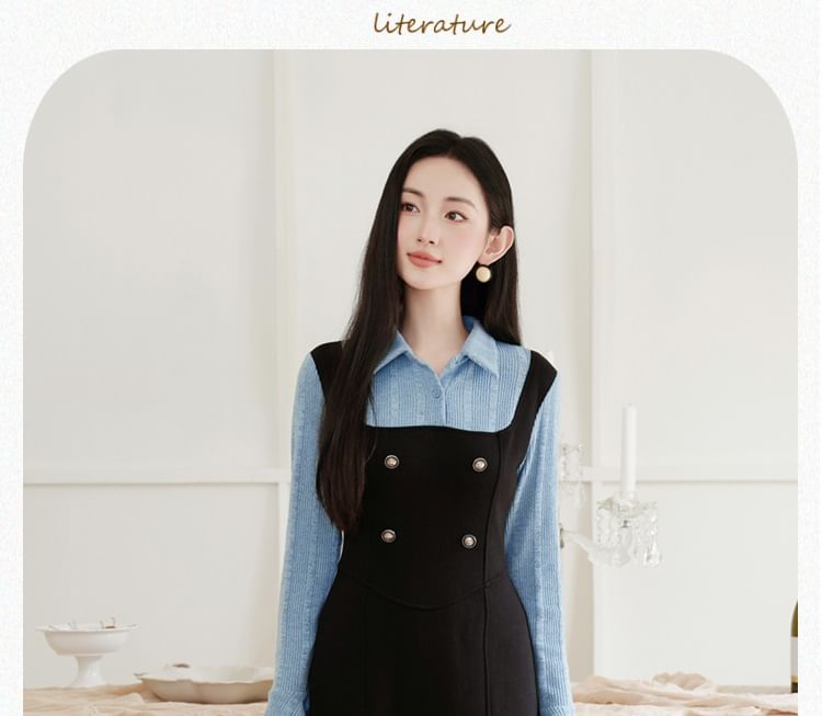 Cocaliso - Mock Two-Piece Long-Sleeve Collar Two Tone Midi A-Line Dress