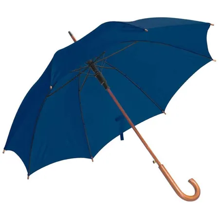Macma Automatik-Regenschirm mit gebogenem Holzgriff und Holzspitzen, dunkelblau
