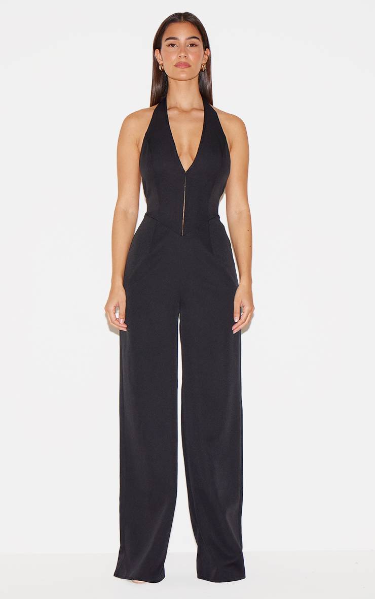 Noir Combinaison Pantalon Large Tissée À Col Licou Avec Détails Crochets Et Œillets