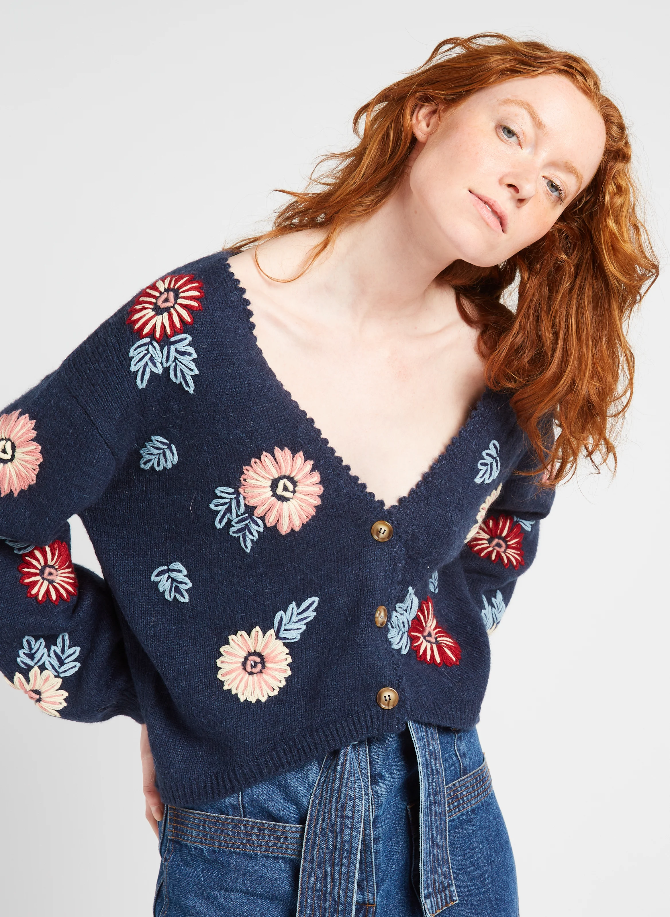 LUMIA - Cardigan col Và motif floral | Bleu