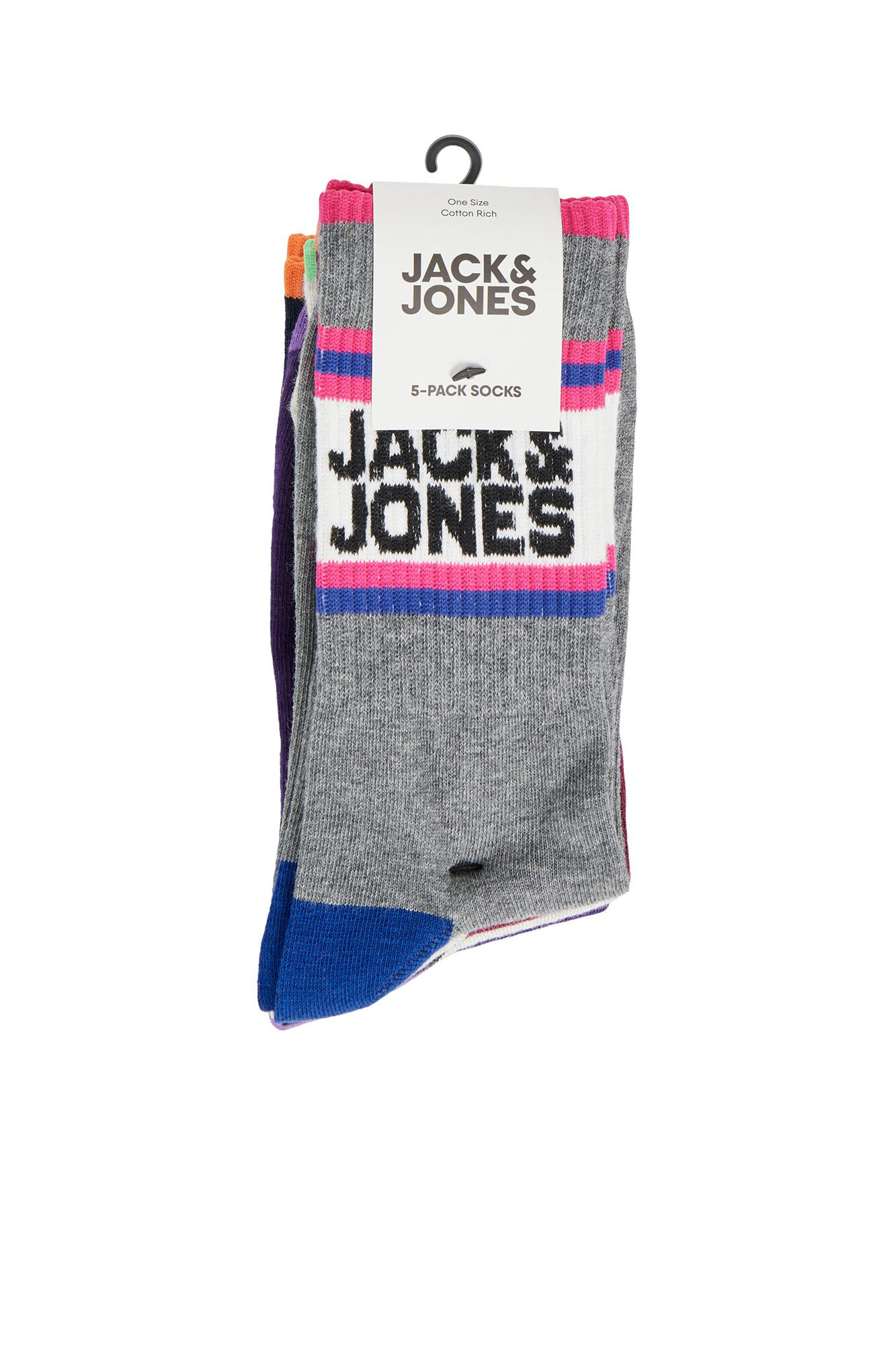 Pacote com 5 pares de meias altas com estampa esportiva listrada.