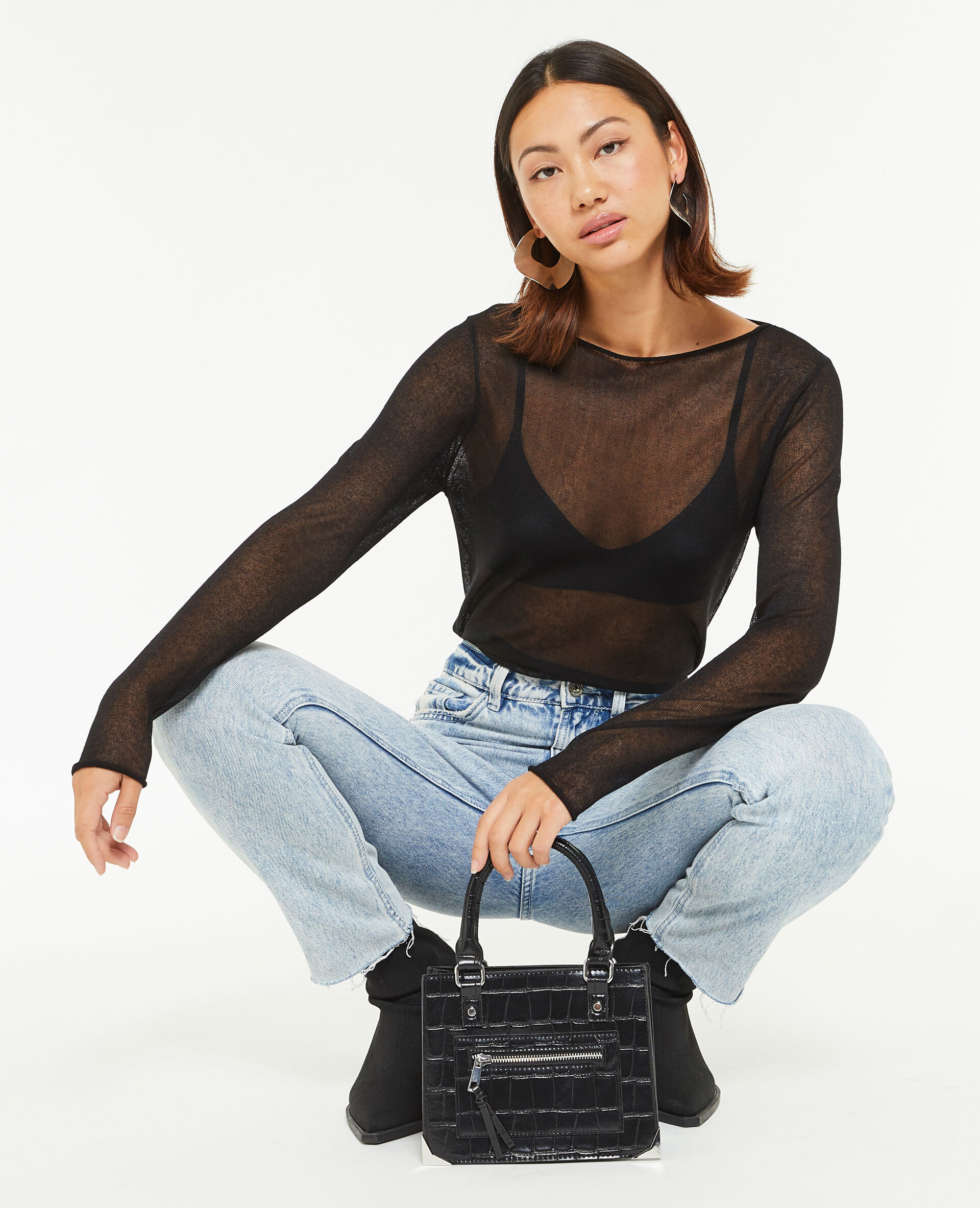 Top manches longues en maille transparente - Noir