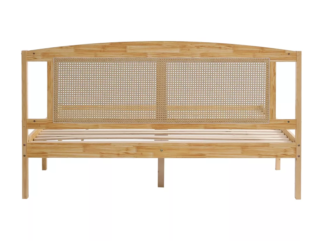 Lit adulte 160x200cm Lit double avec 15 lattes et pieds centraux pin + rotin PE Naturel