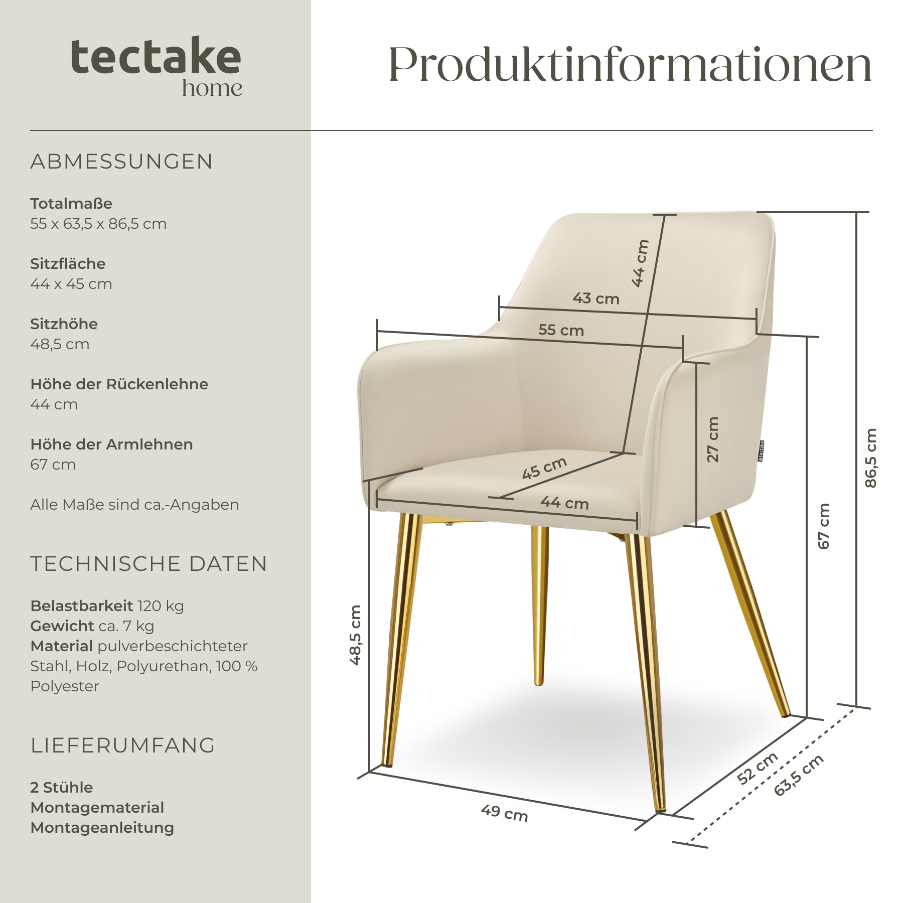 tectake® Armlehnstuhl, in Samtoptik, gepolstert, schlanke, pulverbeschichtete Stahlbeine, 55 x 63,5 x 86,5 cm
