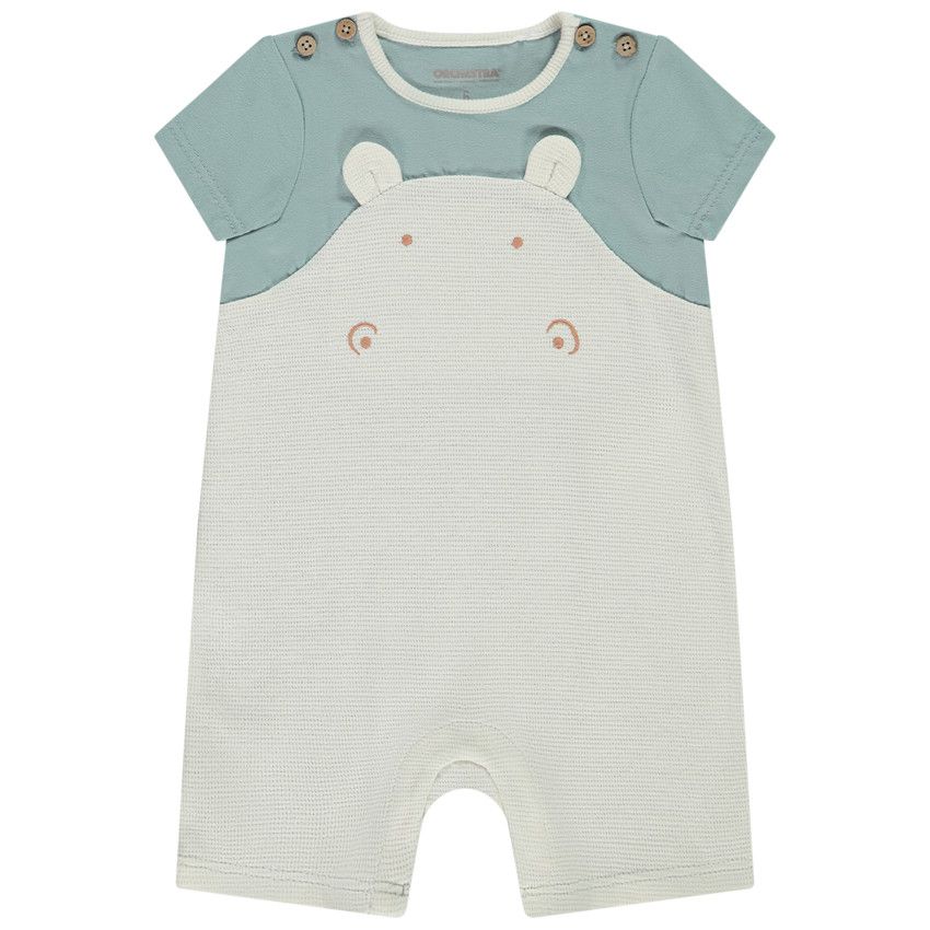 Combinaison manches courtes brodée hippopotame + oreilles 3D pour bébé garçon - Bleu moyen