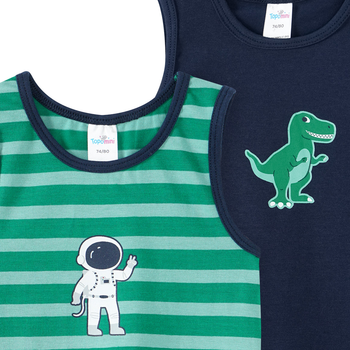 Topomini 2 Baby Unterhemden mit Prints grün / dunkelblau