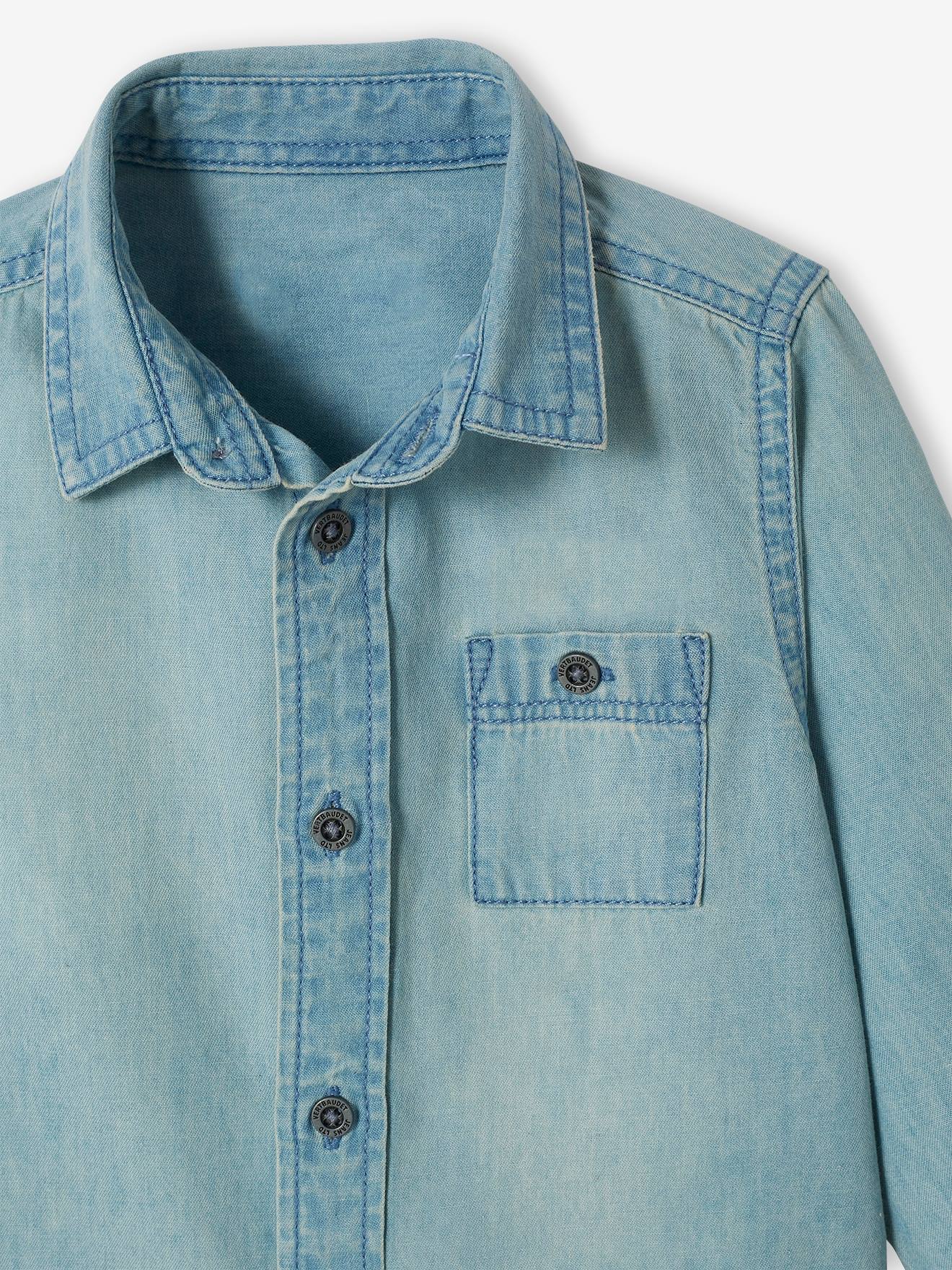 Camisa jeans personalizável para bebê menino, lavagem azul clara