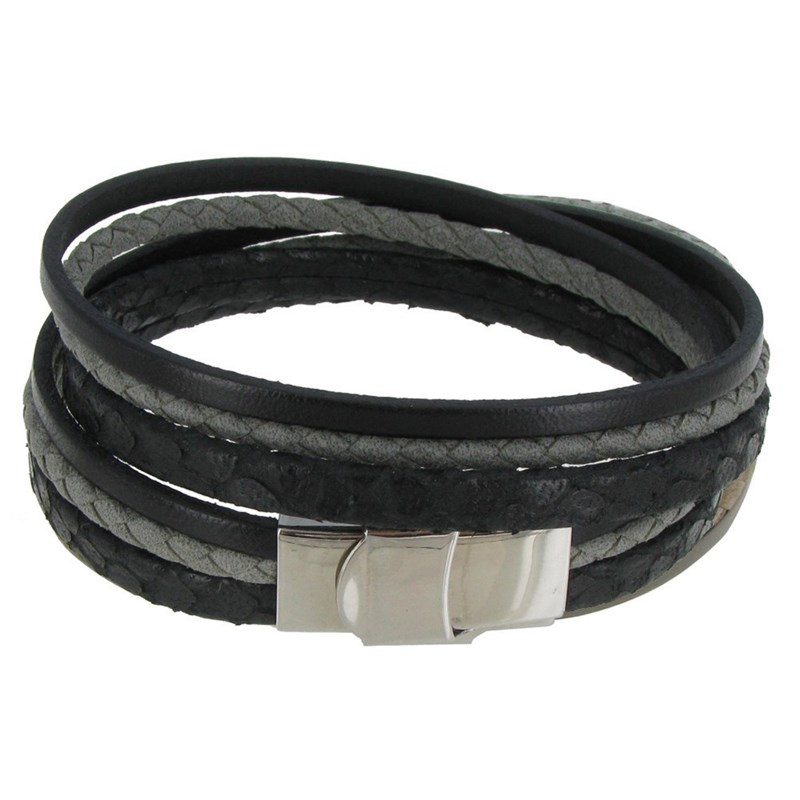 Bracelet Cuir Trois Matières Fermoir Acier Inoxydable - Classics - Noir