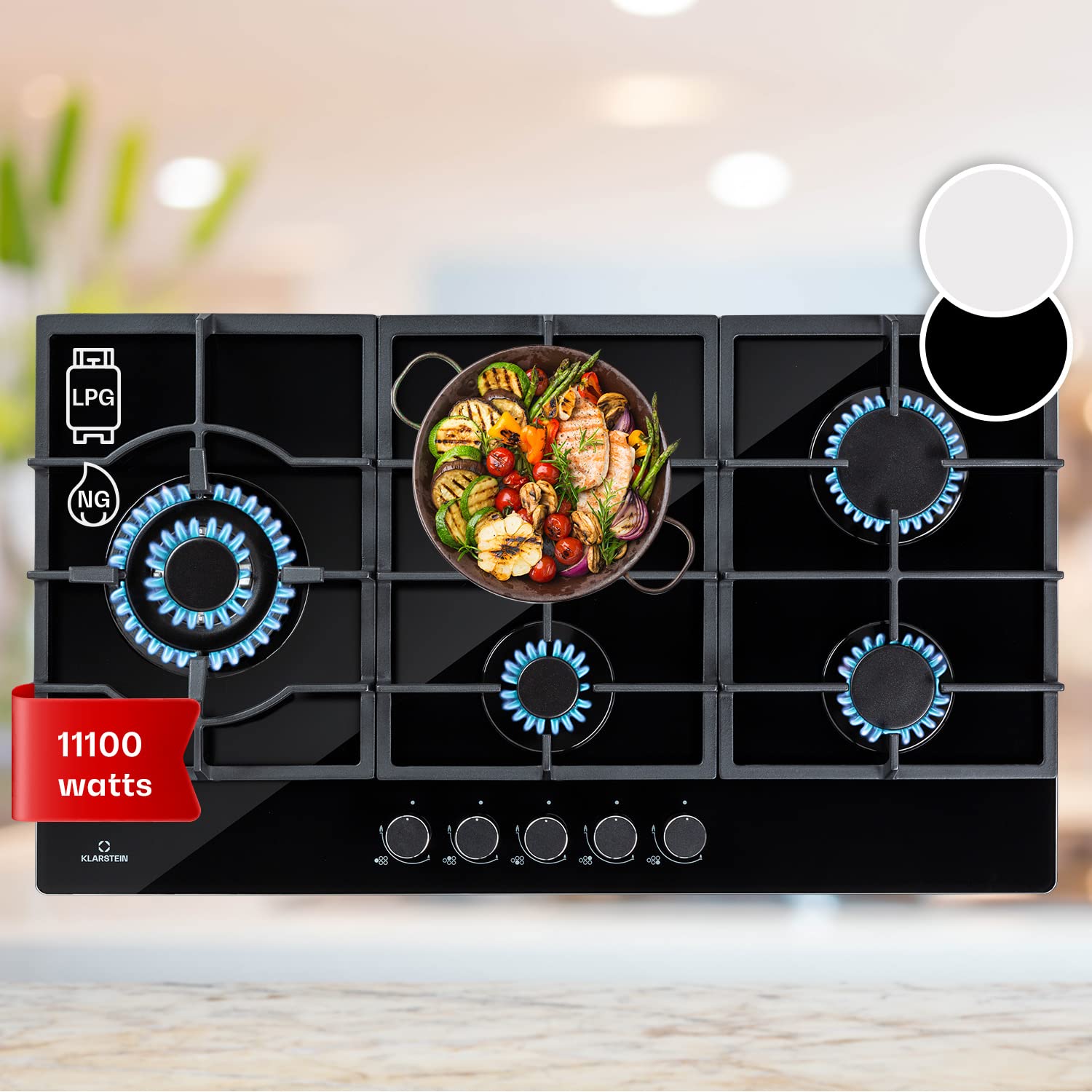 Klarstein Tables/Plaque/Gaziniere de Cuisson à Gaz à 5 Brûleurs, Table de Cuisson Encastrable à 5 Feux de 11100W, en Acier Inoxydable, Cuisinières GPL