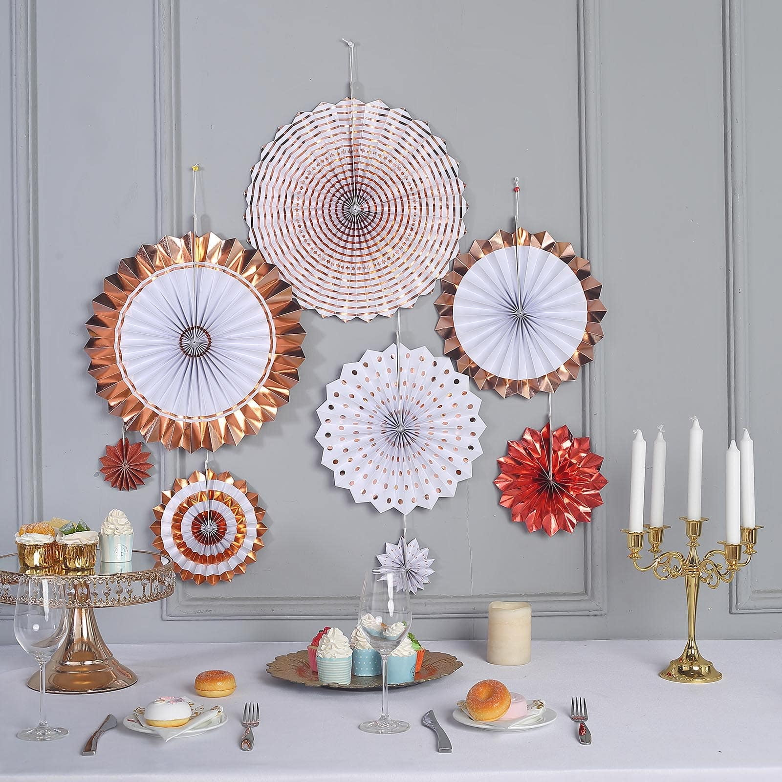 (8er Set) Papier Fächer Deko Rosetten Party / Geburtstag / Hochzeit - Roségold / Weiss