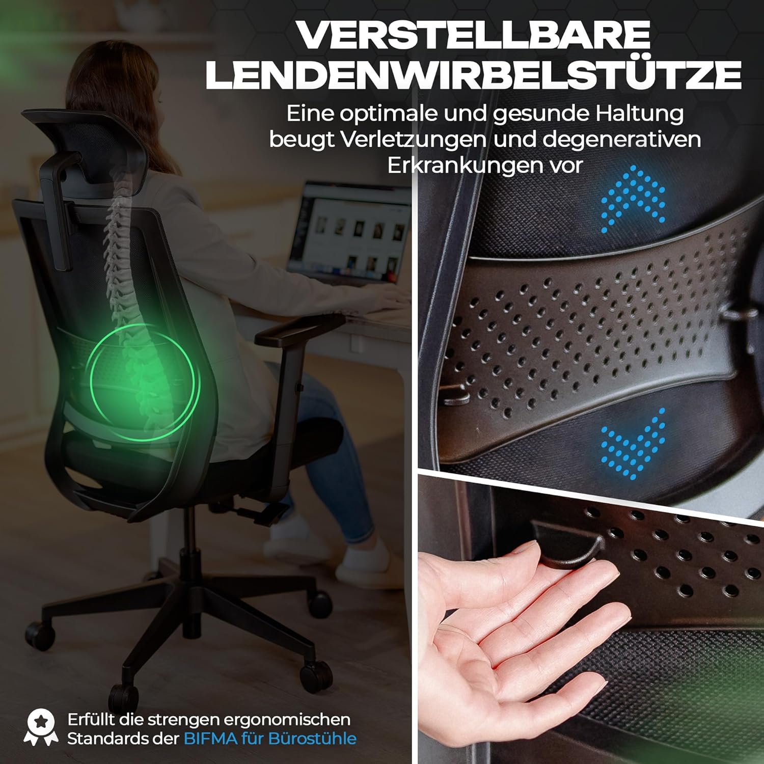 M2 Bürostuhl Ergonomisch Testsieger – Höhenverstellbarer Schreibtischstuhl bequem mit Lendenwirbelstütze, Atmungsaktiver Netzrücken, 360° Drehstuhl, Bürostühle Büro und Home Office Chair