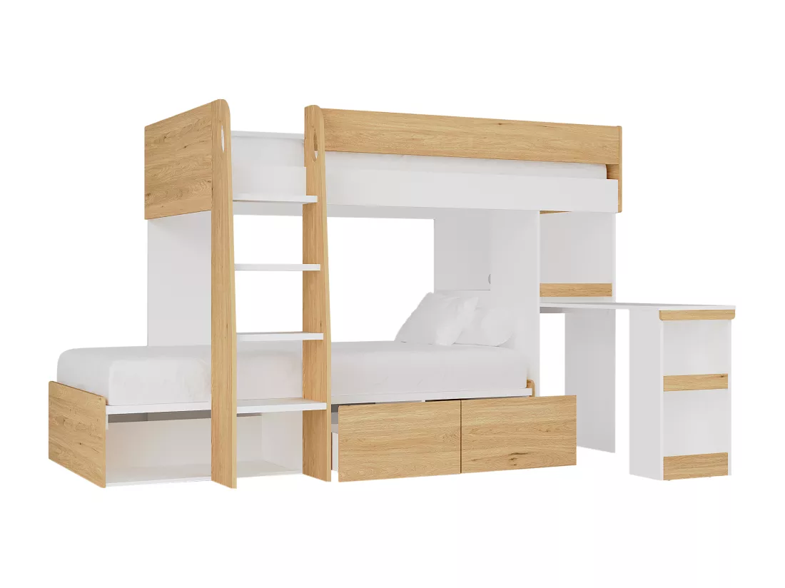 Lits superposés 2 x 90 x 190 cm avec bureau et rangements - Coloris : Naturel et blanc + Matelas - LOMIDEN