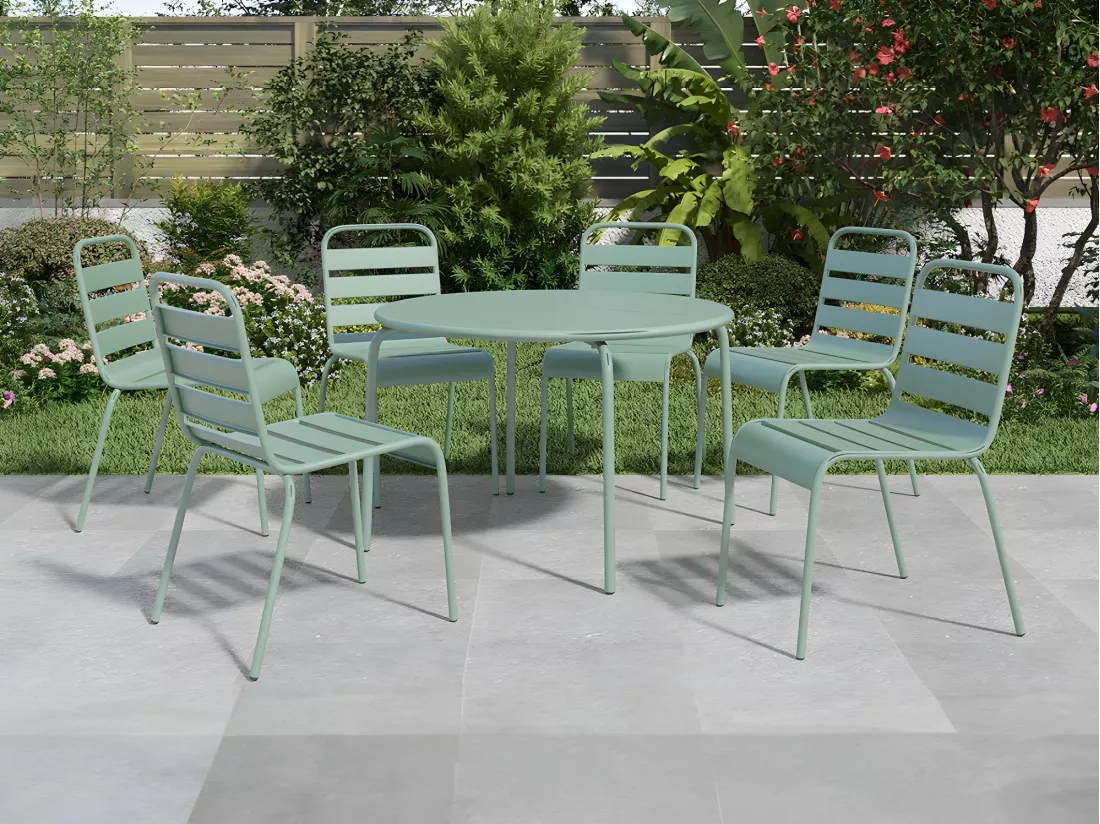 Salle à manger de jardin en métal - une table ronde D.130cm et 6 chaises empilables - Vert amande - MIRMANDE de MYLIA
