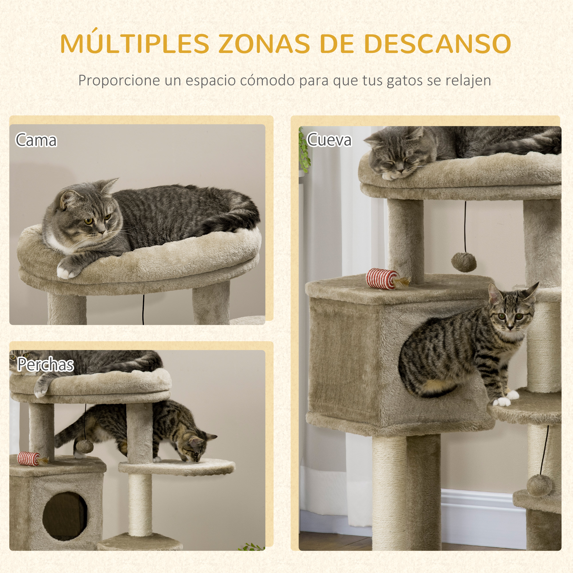Árvore para Gatos PawHut para Gatos Pequenos, 94 cm de Altura, Torre para Gatos com Cama no Topo, Caverna, 3 Escadas, Bolas Penduradas e Postes de Sisal, 55x55x94 cm, Marrom