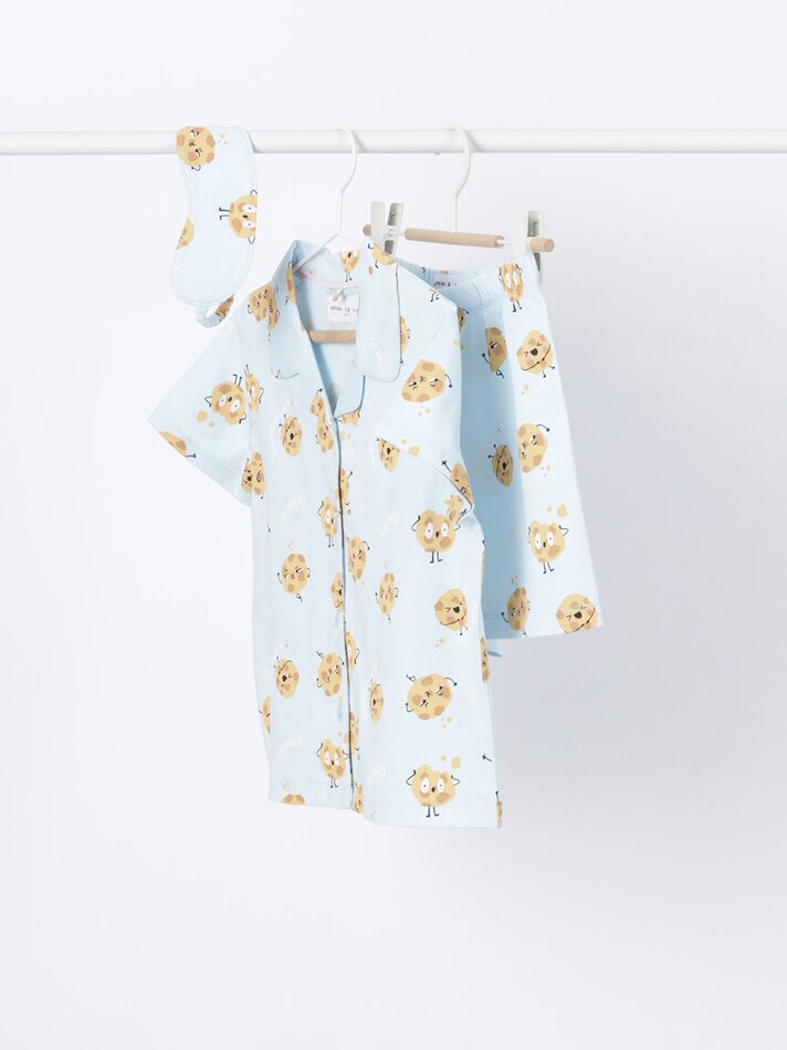 Conjunto de pijama de 3 peças e máscara para os olhos - Lavagem azul clara