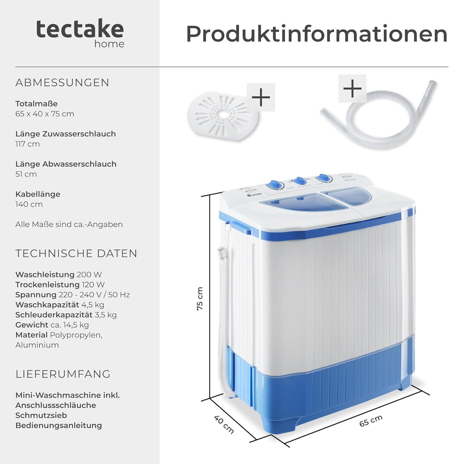 tectake® portable, mobile 4,5 kg Mini Waschmaschine + 3,5 kg Wäscheschleuder Kombination, Toplader für Camping und Reise, Toploader Reisewaschmaschine