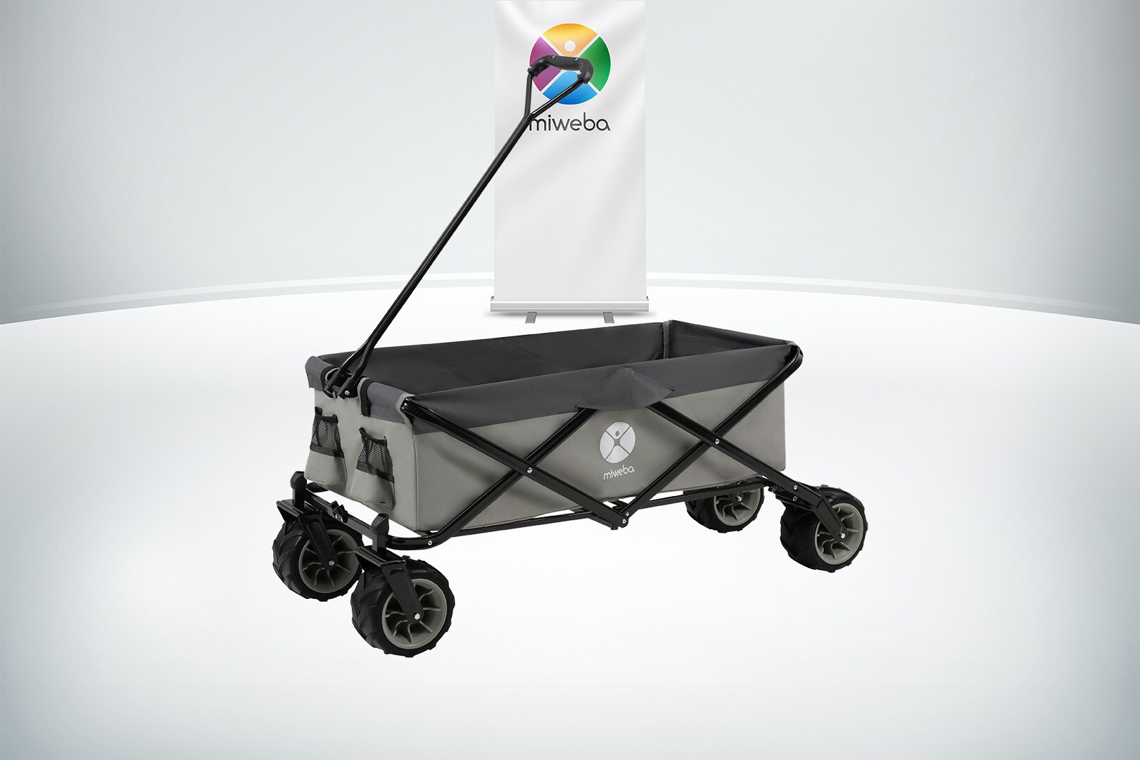 Miweba Bollerwagen MB-30, breite Reifen, faltbarer Bollerwagen mit Außentaschen, bis 120kg belastbar (Hellgrau/Dunkelgrau)