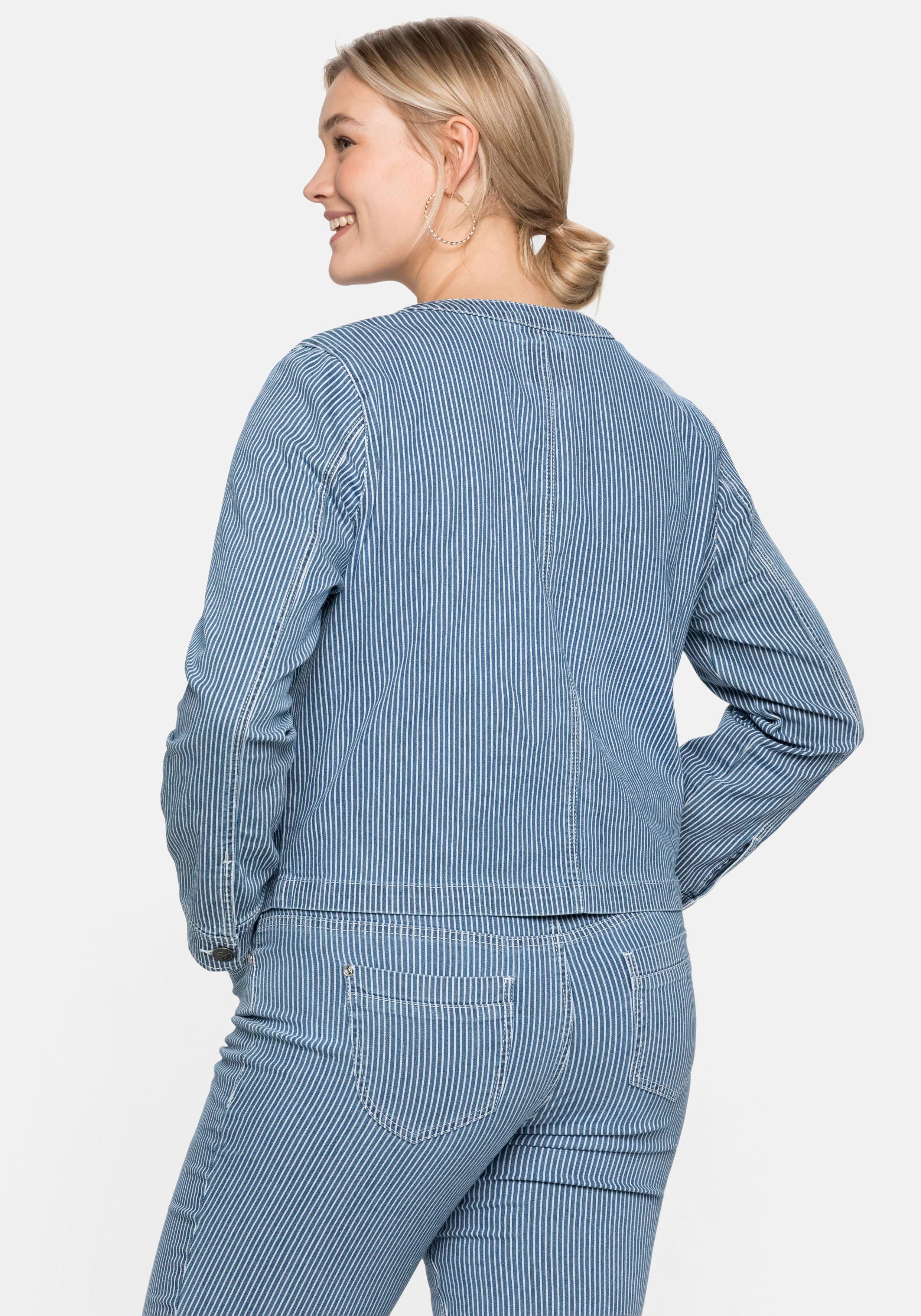 Jeansjacke mit Streifen,  in kragenloser Form