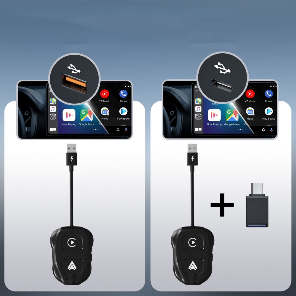 Bluetooth Android Auto / Apple Carplay KFZ USB A Adapter mit USB C Aufsatz für Android / iOS Smartphones (Google Assistant / Siri) - Schwarz