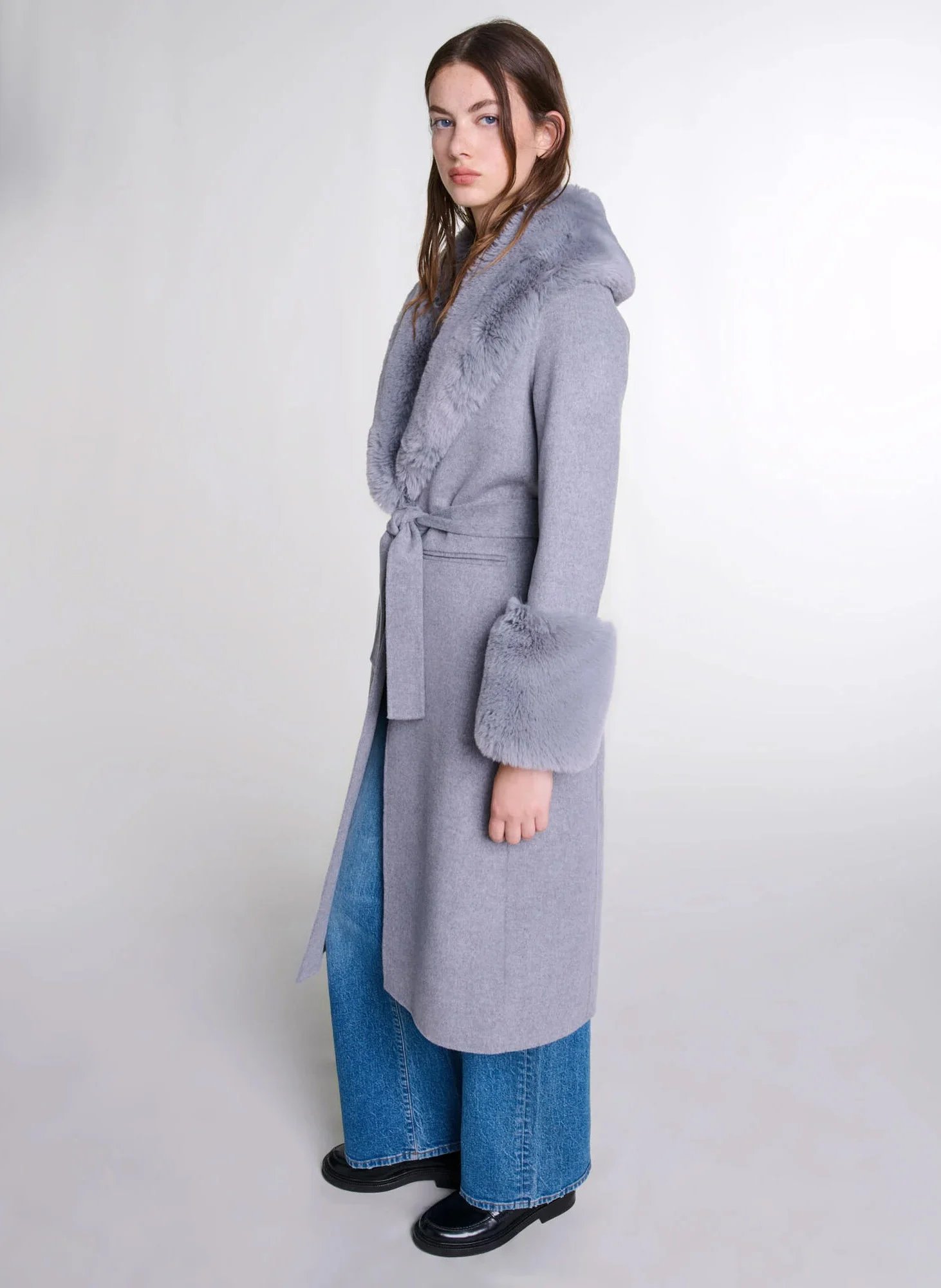 Manteau droit col châle en laine mélangée | Gris