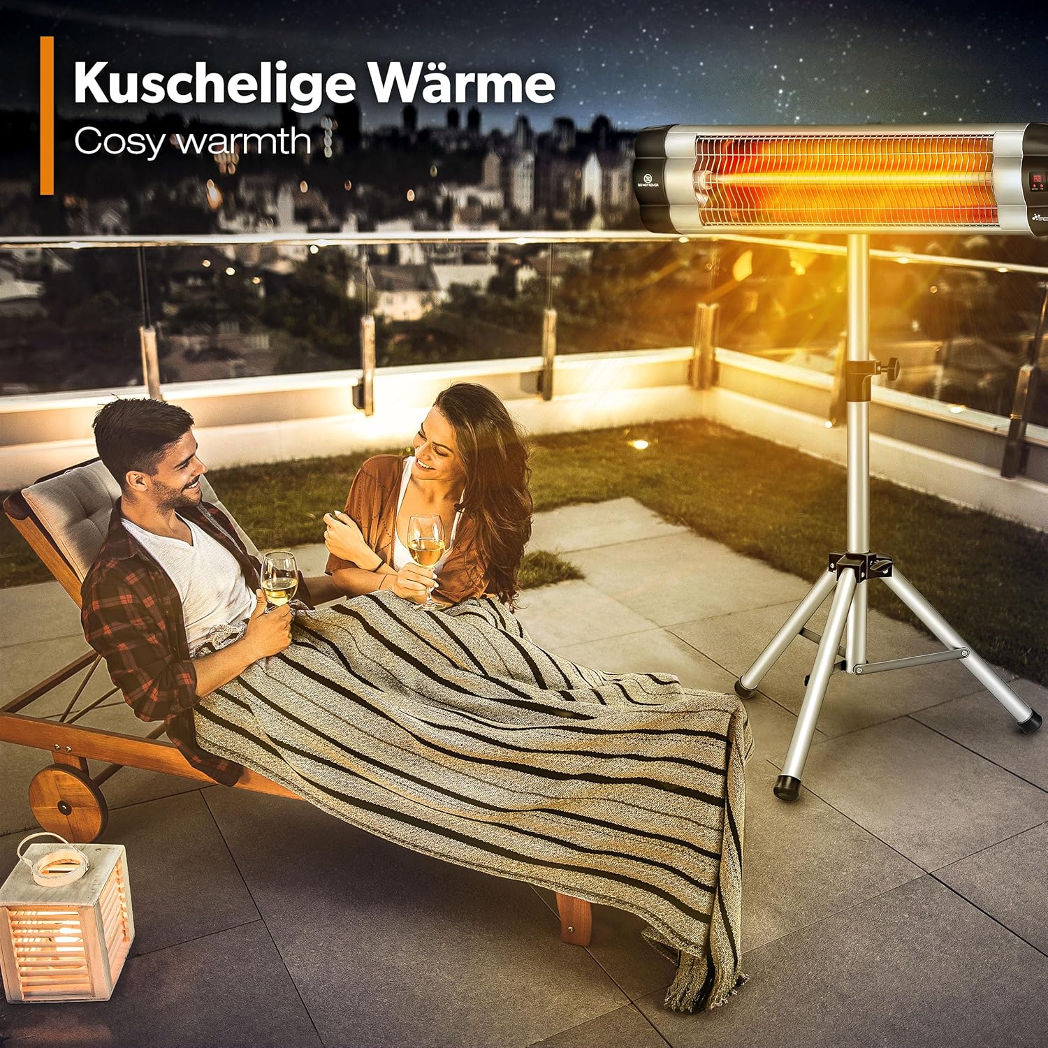 TRESKO Infrarot Heizstrahler 2500W mit Fernbedienung | Wärmestrahler elektrisch mit 3 Heizstufen | Terrassenstrahler Innen & Außen | Infrarotstrahler höhenverstellbar