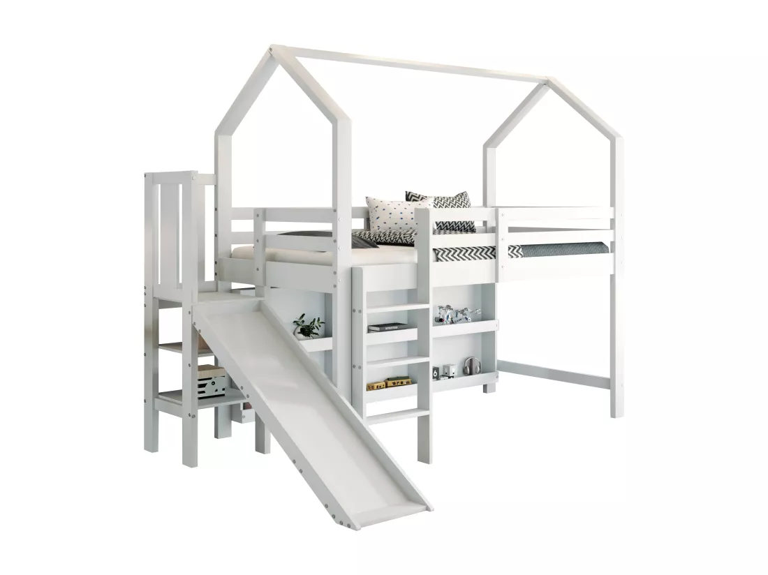 Lit mezzanine 90x200cm - avec toboggan + escalier + casier + étagère - en bois de pin et MDF - Blanc