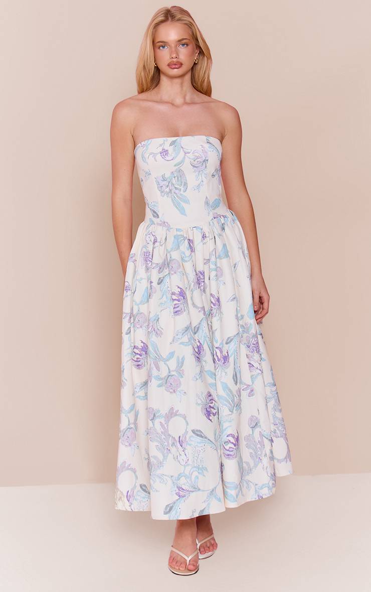 Lilas Robe Patineuse Mi-longue Bandeau Froncée En Tissu Tissé À Imprimé Floral
