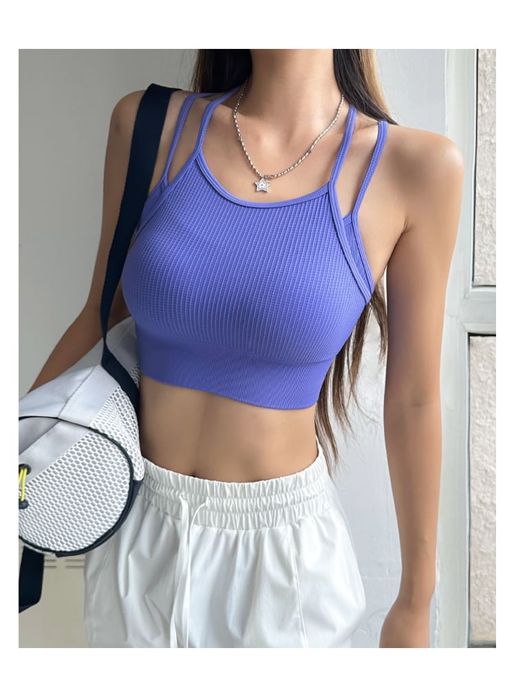 Faiar - Sport Scoop Neck Mock Two Piece Ribbed Crop Bra Top