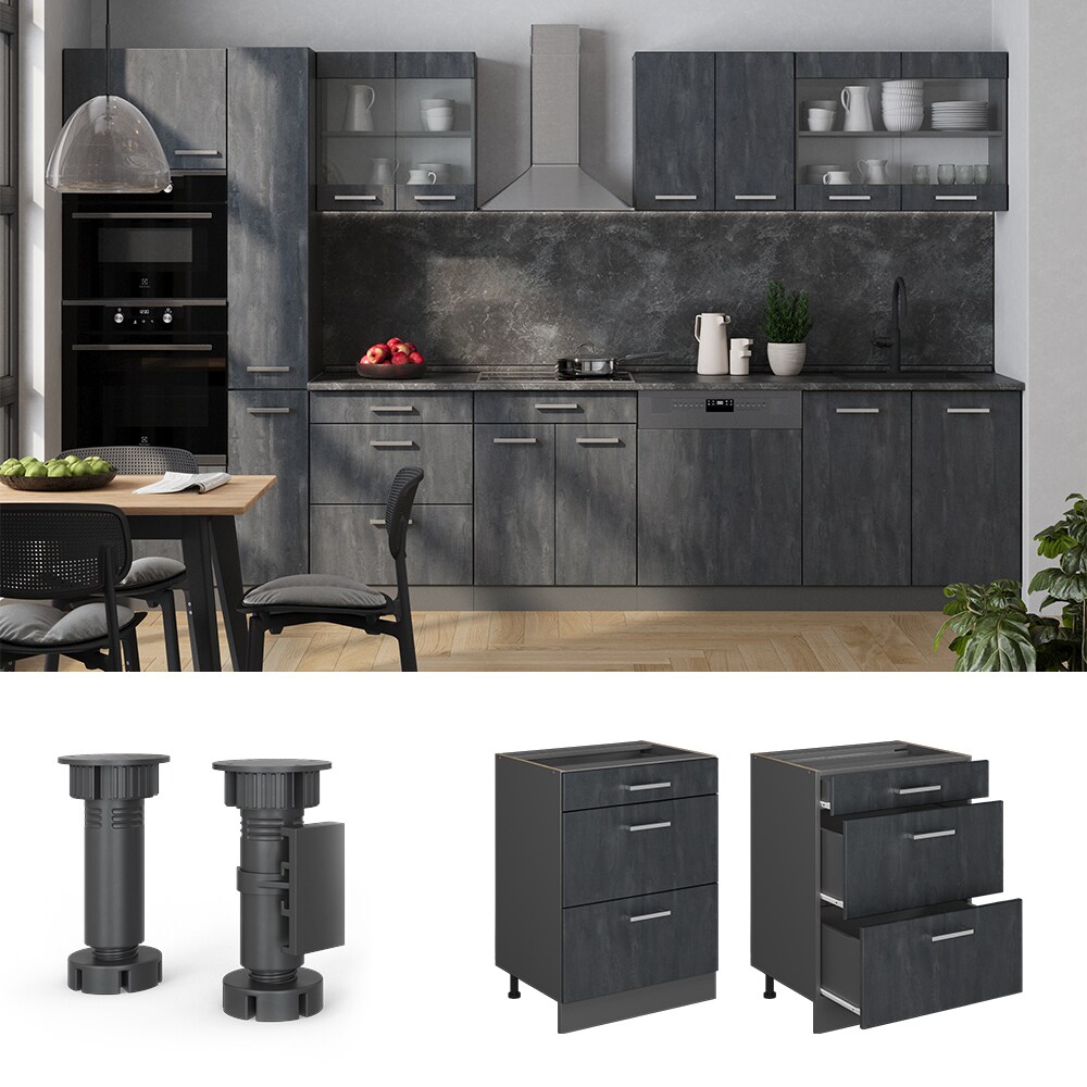 Vicco Schubladenunterschrank R-Line Schwarz Beton Anthrazit 60 cm ohne Arbeitsplatte