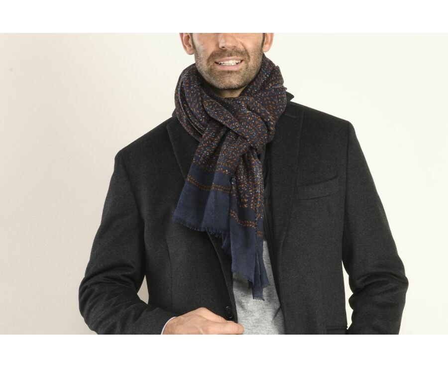 Écharpe Laine Navy motif Fauve Et Gris