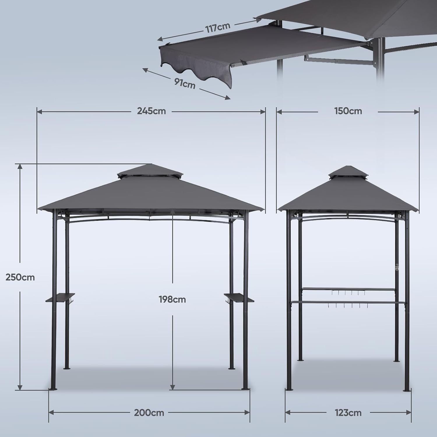 Sekey Grill Pavillon Wasserdicht 2.45 x 1.50m Gartenpavillon mit Markise, Sonnenschutz Gartenlauben Gartenzelt für Partys Picknick BBQ´s, UV-Schutz 50+, Grau