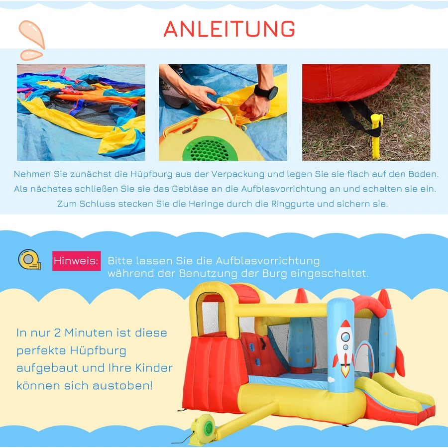 Outsunny Kinderhüpfburg im Raketendesign inkl. Rutsche bunt
