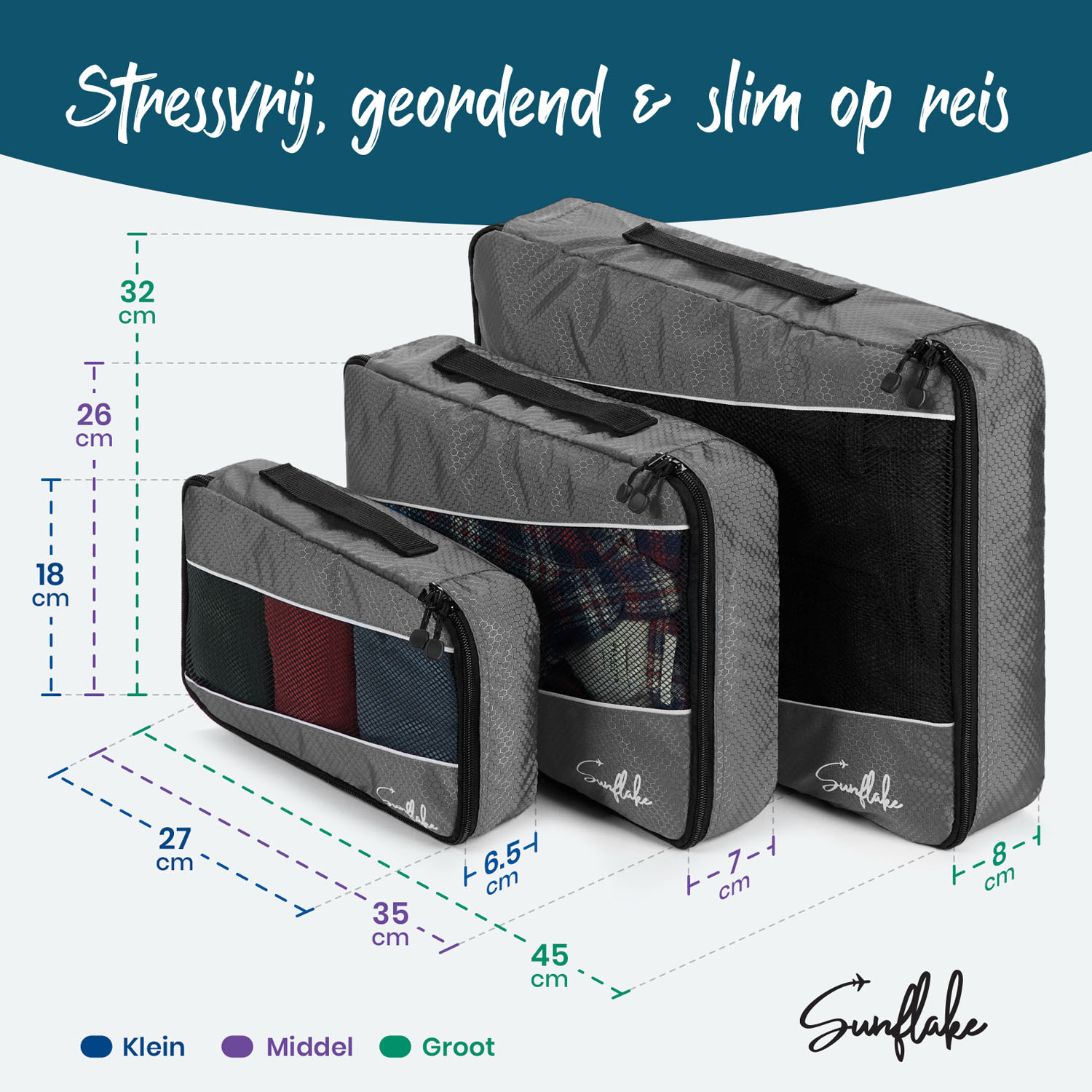 Sunflake set van 3 Packing Cubes - Grey