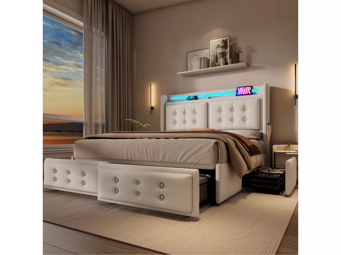 Lit capitonné 140 x 200 cm avec 4 tiroirs, tête de lit LED, prise USB Type-C - Tissu en coton - Beige (sans matelas)