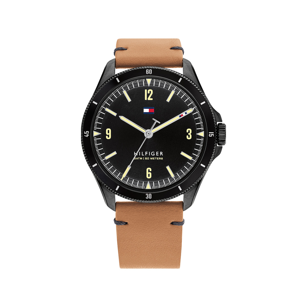 Montre Tommy Hilfiger homme acier noir bracelet cuir marron