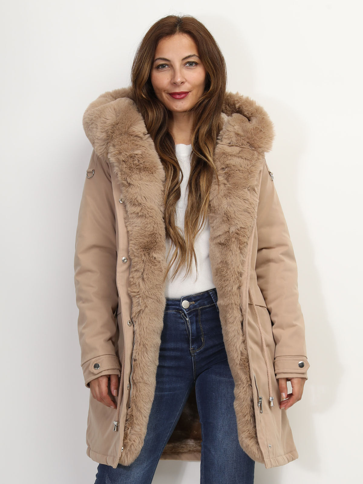 Manteau parka avec détails fausse fourrure- Beige