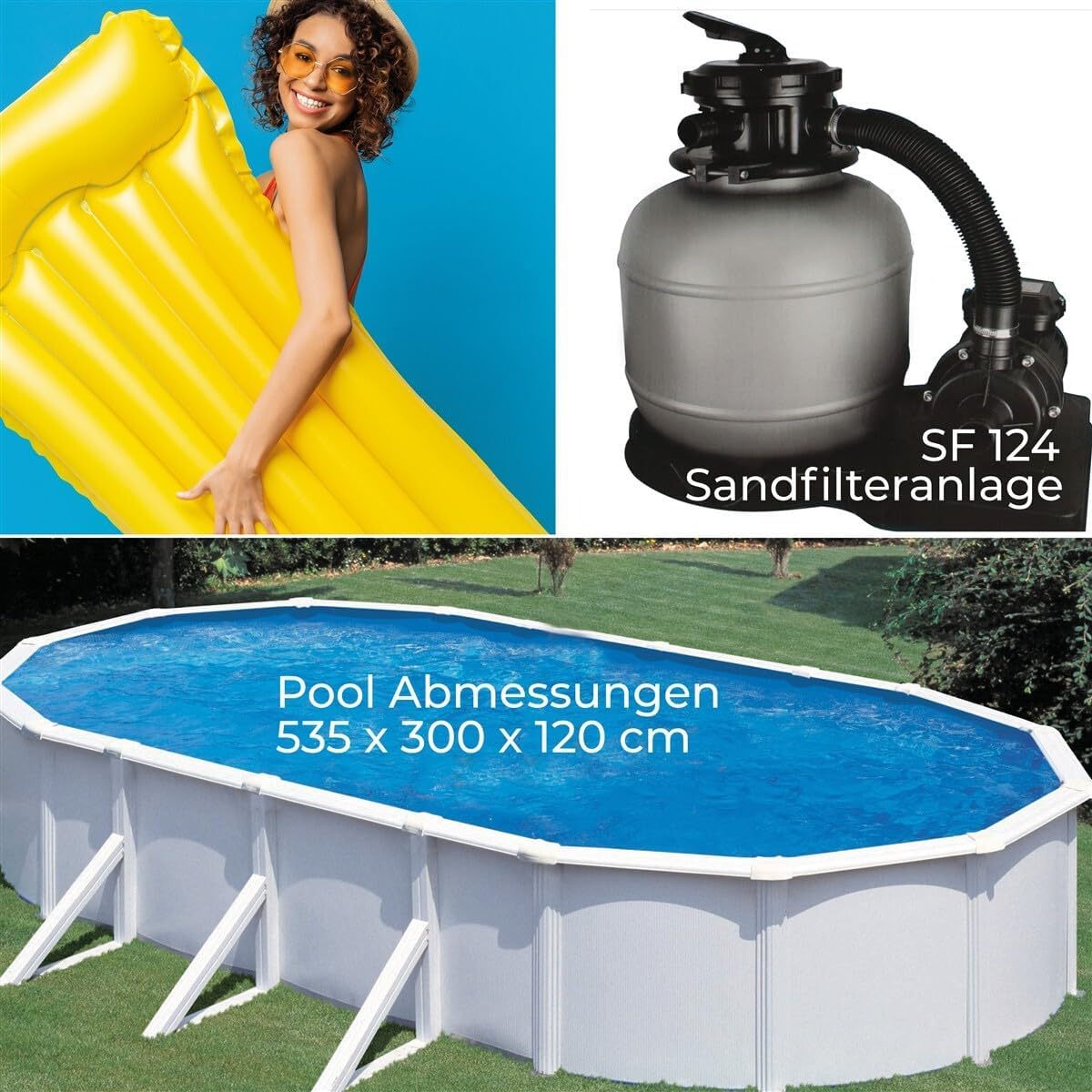 Planet Pool Premium Ovalpool-Set 5,35 x 3,00 x 1,20 m, frei aufstellbar, feuerverzinkte Stahlwand, UV-stabilisierte Innenhülle, Skimmer, Sandfilter mit 4 m³/h und 6-Wege-Ventil, Sicherheitsleiter