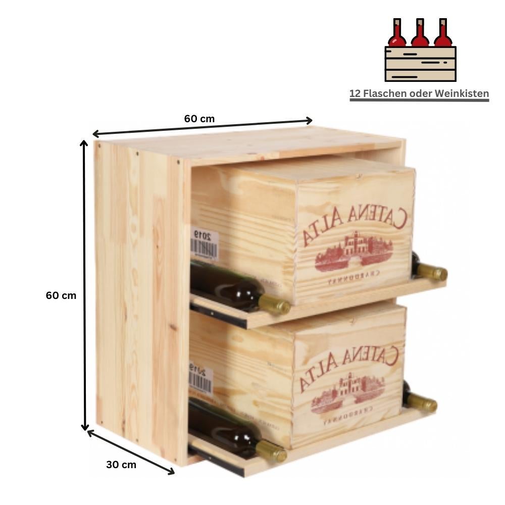 PROREGAL Modulair Wijnrek Vincellar Mod HxBxD 60 x 60 x 30 cm Module voor 12 Flessen of Wijnkratten met Uitschuifbare Planken Massief Dennenhout Natuurlijk