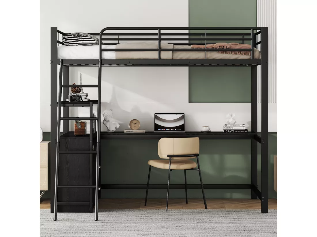 Lit mezzanine 90x200cm - bureau d'angle avec tiroirs - en MDF et métal - Noir