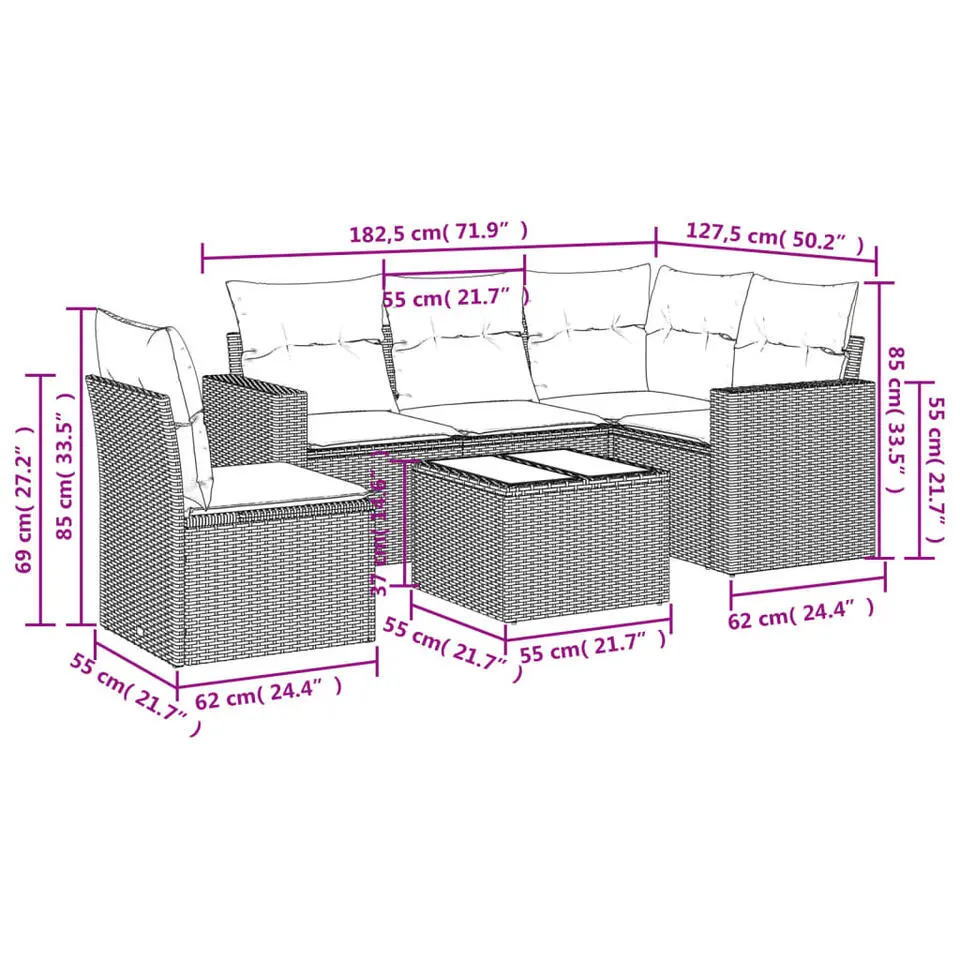 vidaXL - Loungeset - Beige - Poly rattan - 6 stuks - Met kussens